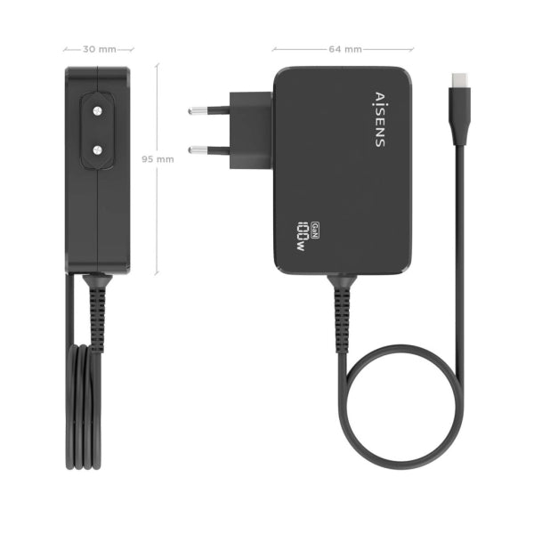 Carregador Portátil Laptop GaN Aisens 100W USB-C PD3.0 com Cabo 1.8m - Preto