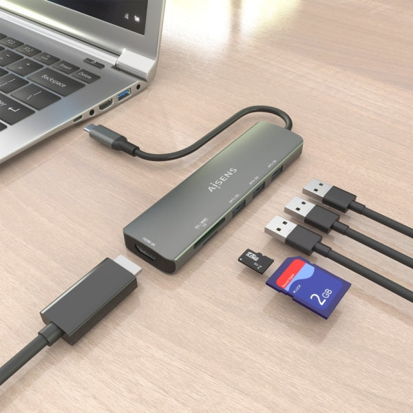 Aisens Dock USB-C 6 em 1 | HDMI 4K + 3x USB-A + SD + MicroSD | 15cm | Cinzento