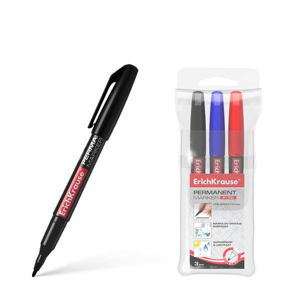 Pack 3x Marcadores Permanentes ErichKrause P-70 Ponta 1mm (Preto, Azul, Vermelho)