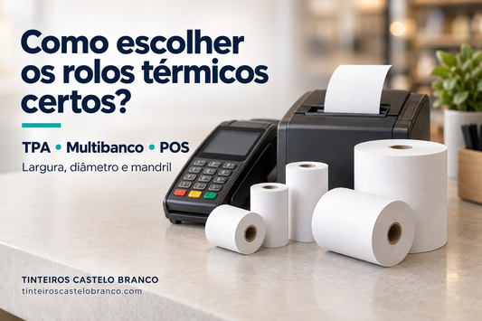 Rolos de papel térmico de diferentes tamanhos junto de um terminal de pagamento TPA e de uma impressora de talões POS.