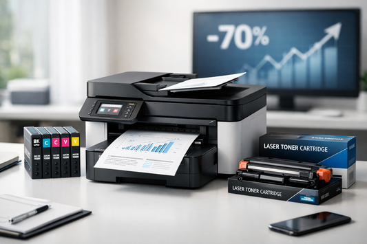 Impressora multifunções com tinteiros compatíveis CMYK e toner laser compatível — poupe até 70% com consumíveis compatíveis