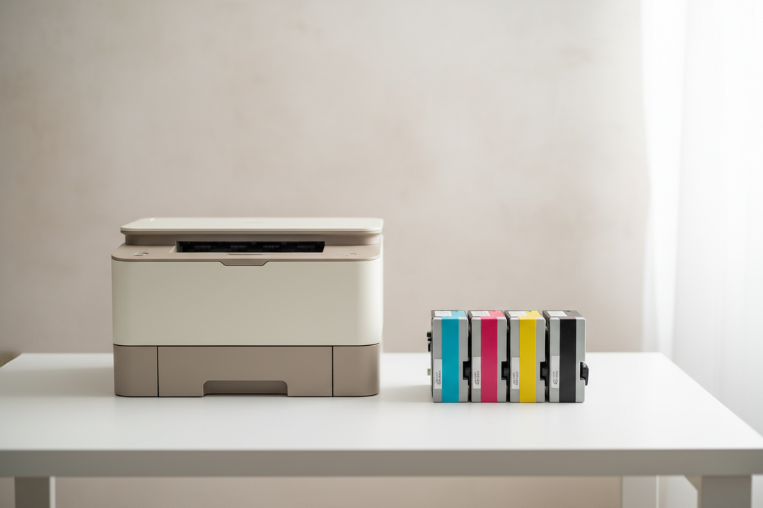 Impressora laser de escritório com toners compatíveis Konica Minolta organizados ao lado, fundo branco minimalista