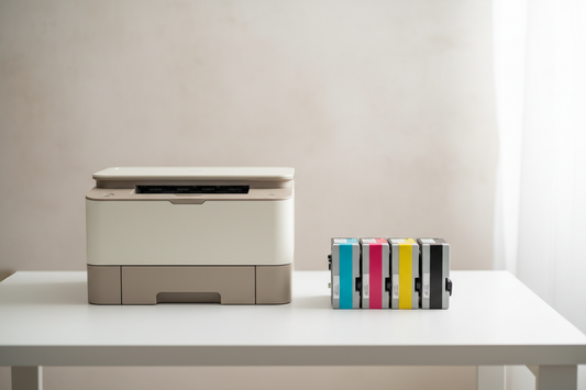 Impressora laser de escritório com toners compatíveis Konica Minolta organizados ao lado, fundo branco minimalista