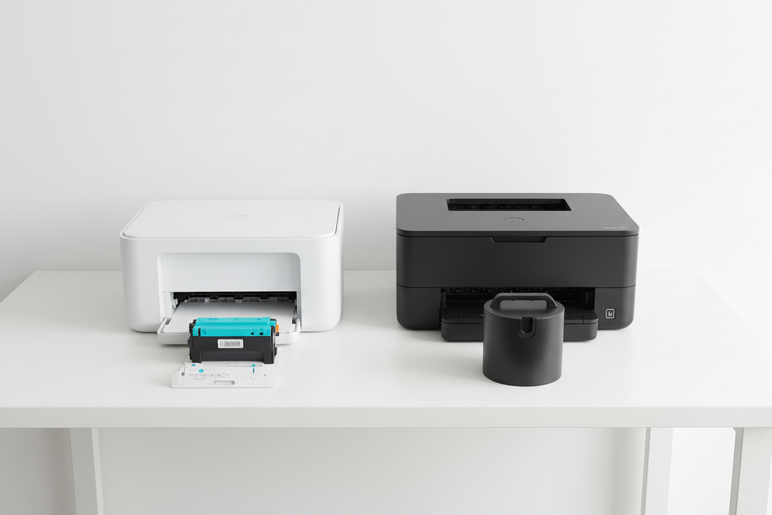 Comparação entre impressora de jato de tinta com tinteiro e impressora laser com toner