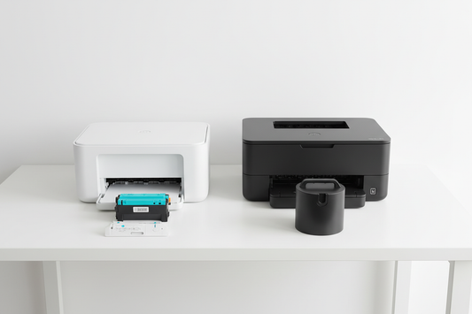 Comparação entre impressora de jato de tinta com tinteiro e impressora laser com toner