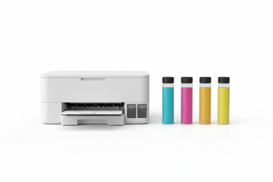 Impressora Epson EcoTank com garrafas de tinta compatível preto, ciano, magenta e amarelo
