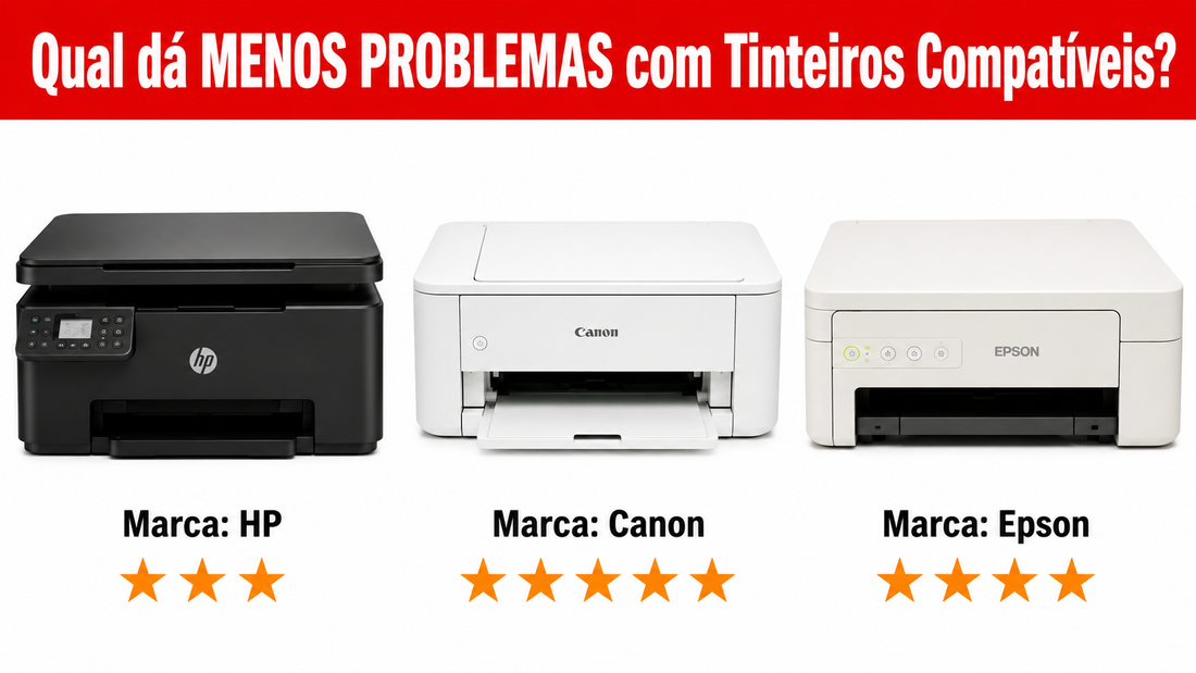 Comparação HP vs Canon vs Epson — qual dá menos problemas com tinteiros compatíveis — veredicto em estrelas por marca