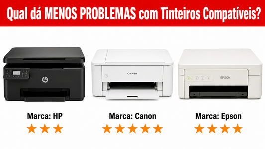 Comparação HP vs Canon vs Epson — qual dá menos problemas com tinteiros compatíveis — veredicto em estrelas por marca