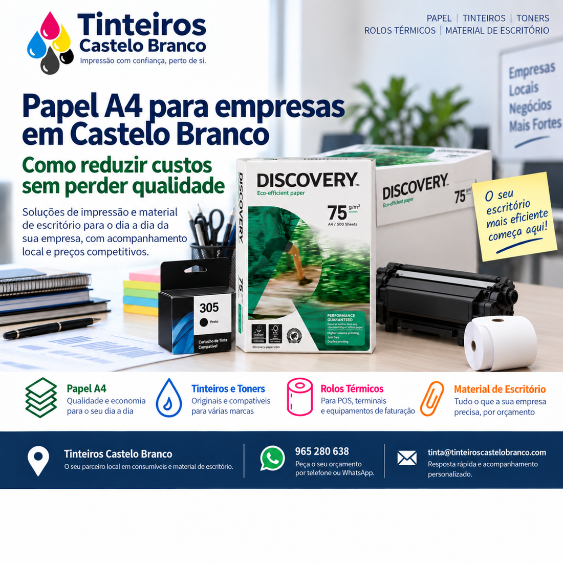 Papel A4 Discovery 75 g, tinteiro compatível, toner e rolo térmico para empresas em Castelo Branco