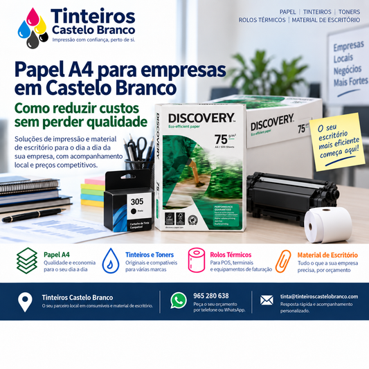 Papel A4 Discovery 75 g, tinteiro compatível, toner e rolo térmico para empresas em Castelo Branco
