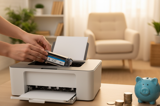 Mãos a instalar tinteiro compatível em impressora doméstica — poupe até 70% vs original