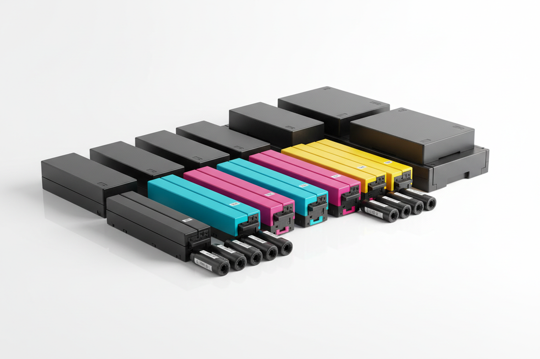 Tinteiros e toners compatíveis HP — vários modelos em preto, ciano, magenta e amarelo sobre fundo branco