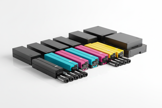 Tinteiros e toners compatíveis HP — vários modelos em preto, ciano, magenta e amarelo sobre fundo branco