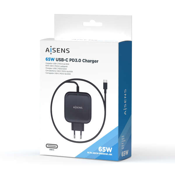 Carregador Portátil Laptop Aisens 65W USB-C PD3.0 QC3.0 com Cabo 1.2m - Preto