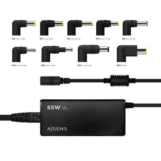 Carregador Portátil Laptop Universal Aisens 65W 9 Conectores DC + USB-A QC3.0 - Preto