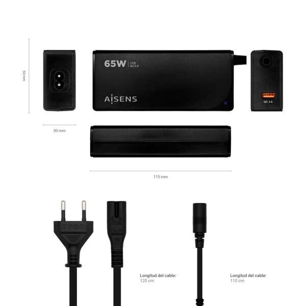 Carregador Portátil Laptop Universal Aisens 65W 9 Conectores DC + USB-A QC3.0 - Preto