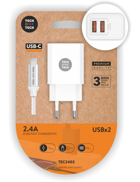 Kit Carregador Rápido Duplo + Cabo USB-A a USB-C