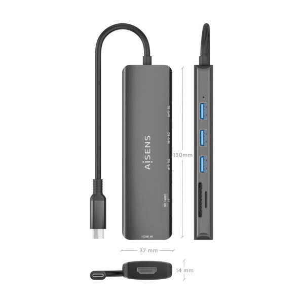 Aisens Dock USB-C 6 em 1 | HDMI 4K + 3x USB-A + SD + MicroSD | 15cm | Cinzento