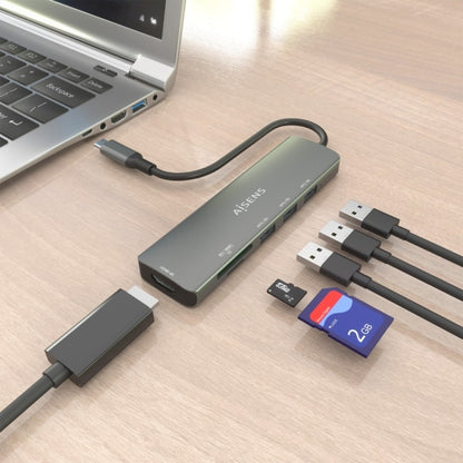 Aisens Dock USB-C 6 em 1 | HDMI 4K + 3x USB-A + SD + MicroSD | 15cm | Cinzento