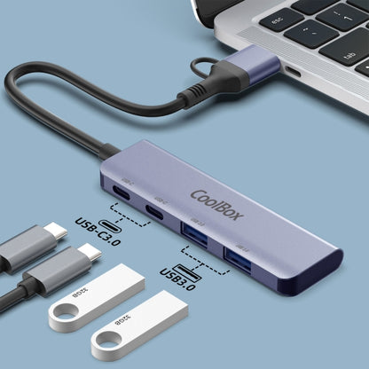 CoolBox HUB4 Lite – Hub USB-C/A 4 Portas 5Gbps | 2x USB-C + 2x USB-A 3.2 | Alumínio Cinzento
