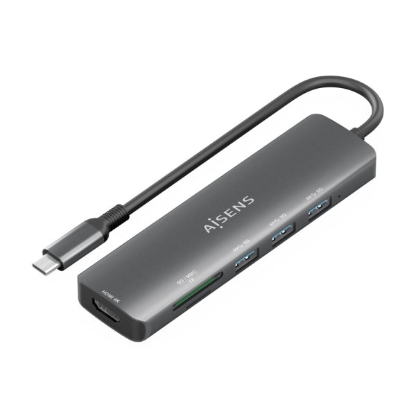 Aisens Dock USB-C 6 em 1 | HDMI 4K + 3x USB-A + SD + MicroSD | 15cm | Cinzento