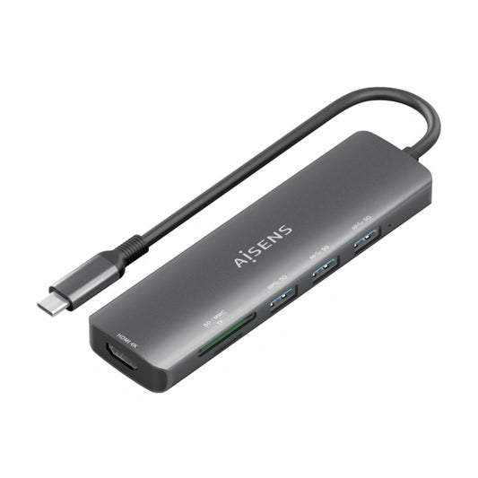 Aisens Dock USB-C 6 em 1 | HDMI 4K + 3x USB-A + SD + MicroSD | 15cm | Cinzento