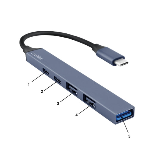 CoolBox miniDOCK5 – Hub USB-C 5 em 1 | USB-C PD, USB-A 3.2, 2x USB-A 2.0 | Cinzento