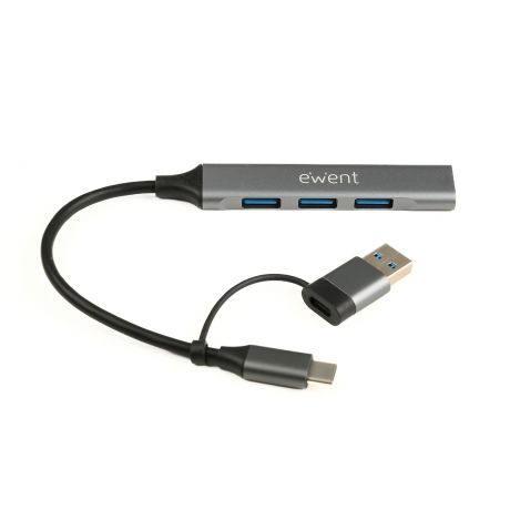 Hub USB-C Ewent EW1154 — 4 Portas USB-A | 5Gbps | Alumínio | Plug & Play | Windows macOS Linux