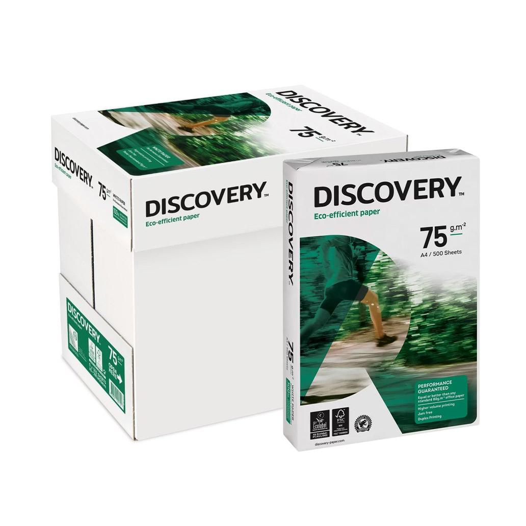 Papel A4 Discovery by Navigator 75 g/m² — Resma 500 folhas e caixa com 5 resmas. Eco-efficient paper, certificado FSC e EU Ecolabel, produzido em Portugal.