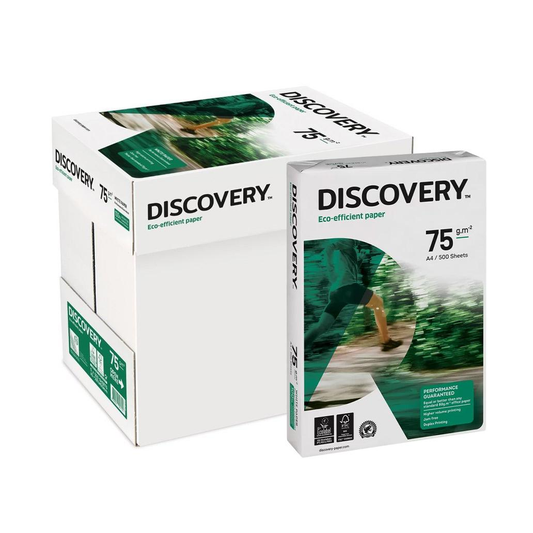 Papel A4 Discovery by Navigator 75 g/m² — Resma 500 folhas e caixa com 5 resmas. Eco-efficient paper, certificado FSC e EU Ecolabel, produzido em Portugal.