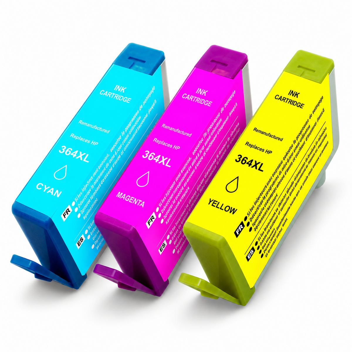 Três tinteiros compatíveis HP 364XL nas cores ciano, magenta e amarelo