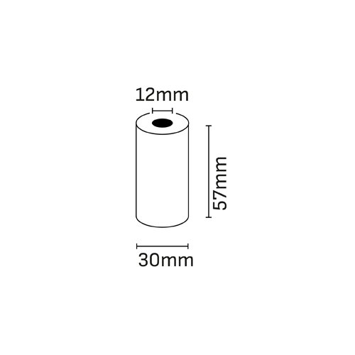 Rolo de papel térmico Oqonos 57x30mm com indicação das dimensões: 12mm mandril, 57mm comprimento, 30mm diâmetro