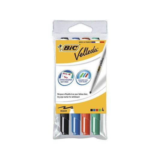 BIC Velleda 1741 Pack 4 Marcadores para Quadro Branco – Ponta Média 1,4mm | Cores Sortidas - com embalagem