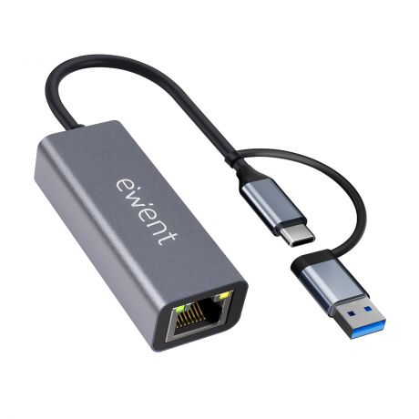 Adaptador Ethernet Gigabit Ewent EW9819 USB-C + USB-A para RJ45 1000Mbps | Alumínio | Plug & Play