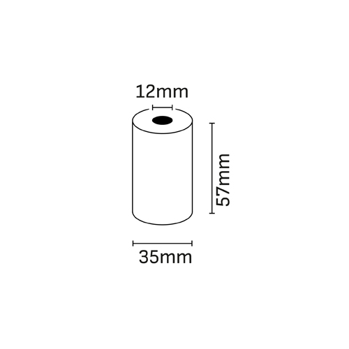 Rolo de papel térmico Oqonos 57x35mm com indicação das dimensões: 12mm mandril, 57mm comprimento, 35mm diâmetro