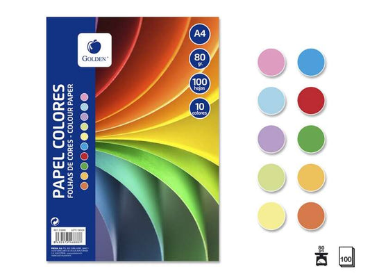 Golden Pack - 100 Folhas de Papel Colorido A4 80gr | 10 Cores Sortidas